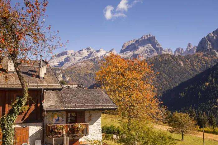 Framed Print : Autumnal landscape of a mountain house with Brenta Dolomites in background
