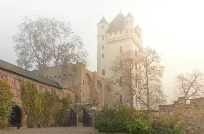 Framed Print : Autumnal morning fog at Eltville Electoral Castle, Rheingau, Hesse, Germany Framed Print : Autumnal morning fog at Eltville Electoral Castle, Rheingau, Hesse, Germany