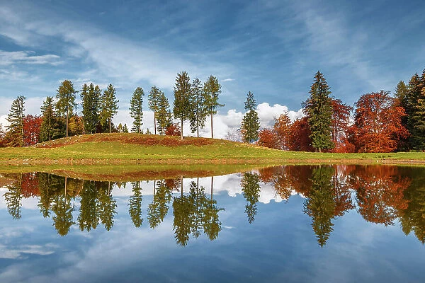 Autumnal reflections on Monte Tellero pond. Ponna Superiore, Intelvi valley (val d'Intelvi), Como province, Lombardy, Italy