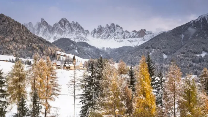 Framed Print : an autumnal view of Villnossertal after the first snowfall with the Geisler Framed Print : an autumnal view of Villnossertal after the first snowfall with the Geisler
