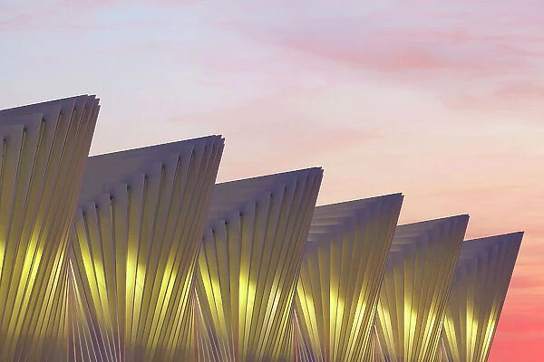 A detail of the AV Mediopadana high speed railway station illuminated at sunset, Reggio Emilia, Emilia Romagna, Italy, Europe. It was designed by architect Santiago Calatrava