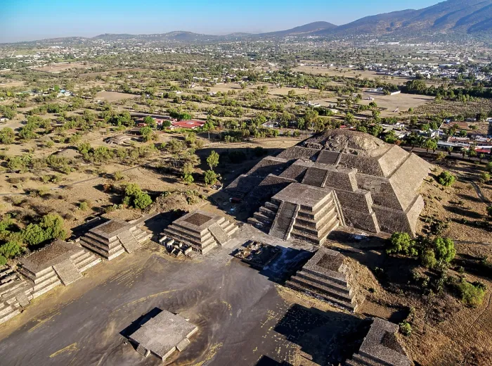 Framed Print : Avenue of the Dead and Pyramid of the Moon at sunrise, aerial view, Teotihuacan, Mexico State, Mexico