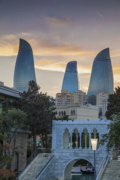 Azerbaijan, Baku, Bridge at Venecia restaurant and Flame Towers