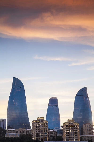 Azerbaijan, Baku, Flame Towers at sunrise