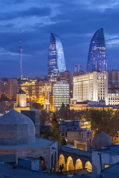 Framed Print : Azerbaijan, Baku, high angle skyline view with The Flame Towers Framed Print : Azerbaijan, Baku, high angle skyline view with The Flame Towers