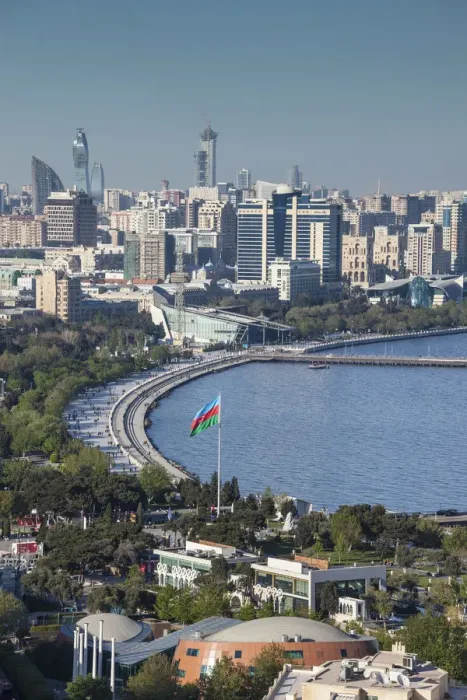 Framed Print : Azerbaijan, Baku, high angle view of city skyline from the west Framed Print : Azerbaijan, Baku, high angle view of city skyline from the west