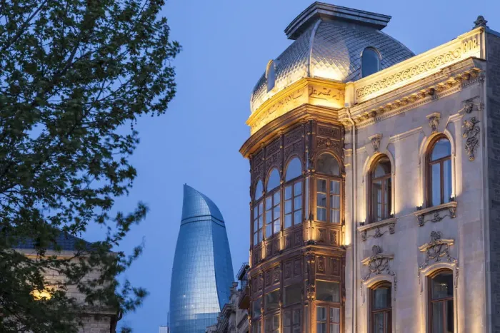 Framed Print : Azerbaijan, Baku, Old City and Flame Towers Framed Print : Azerbaijan, Baku, Old City and Flame Towers