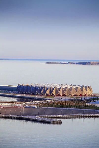 Azerbaijan, Baku, View of Baku Bay looking towards Baku Crystal Hall, where the 2012
