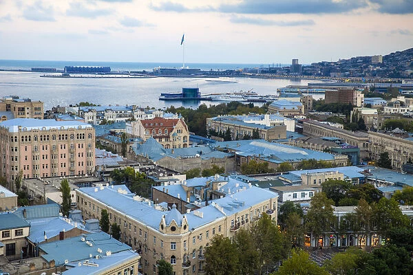 Azerbaijan, Baku, View of city looking over Fountain Square to Baku Crystal Hall