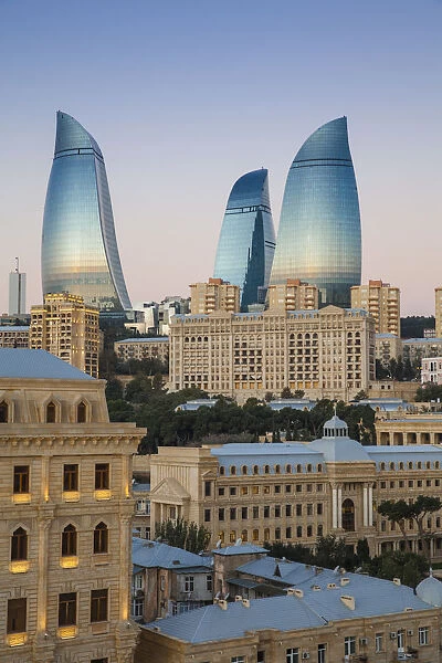 Azerbaijan, Baku, View of Flame Towers at dawn