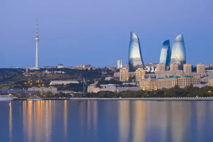 Framed Print : Azerbaijan, Baku, View of the Flame Towers reflecting in the Caspian Sea Framed Print : Azerbaijan, Baku, View of the Flame Towers reflecting in the Caspian Sea