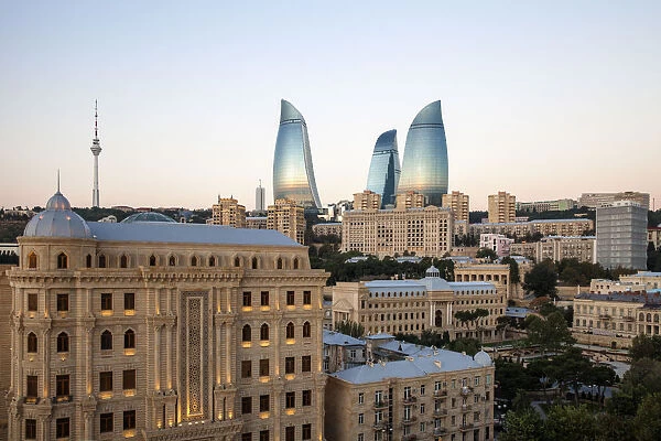 Azerbaijan, Baku, View of Flame Towers and tV Tower at dawn