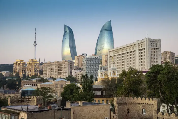 Framed Print : Azerbaijan, Baku, View looking over the walls of the old town to the Flame Towers Framed Print : Azerbaijan, Baku, View looking over the walls of the old town to the Flame Towers