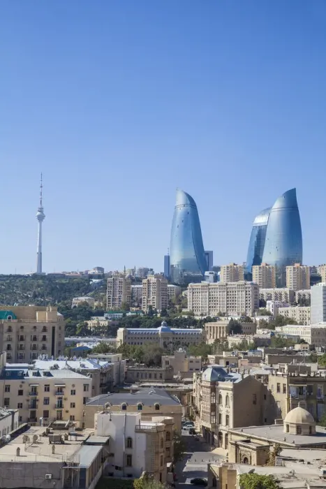 Framed Print : Azerbaijan, Baku, View of Old city, Flame Towers and TV Tower Framed Print : Azerbaijan, Baku, View of Old city, Flame Towers and TV Tower