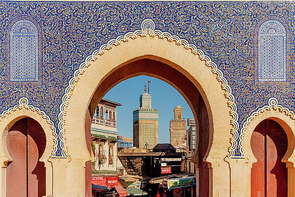 Bab Bou Jeloud is an ornate city gate in Fes el Bali, the old city of Fez, Morocco