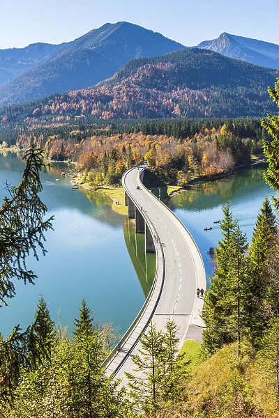 Bad Tolz, Bavaria, Germany, Europe. Sylvenstein bridge in autumn season