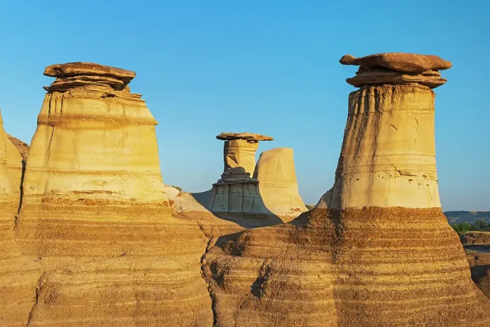 Framed Print : Badlands. Hoodoos at sunrise. East Coulee, Alberta, Canada