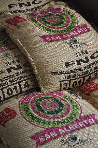 Bags of coffee in Buenavista, Colombia, South America