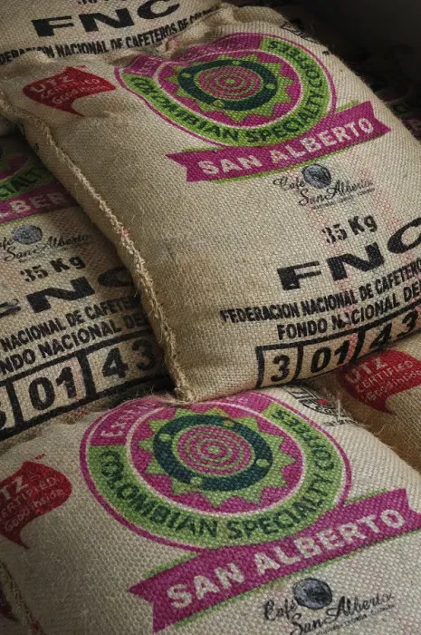 Framed Print : Bags of coffee in Buenavista, Colombia, South America