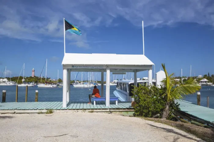 Framed Print : Bahamas, Abaco Islands, Elbow Cay, Hope Town, Hope Town Island Lodge Hotel ferry dock