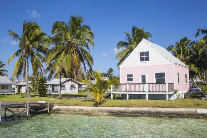 Framed Print : Bahamas, Abaco Islands, Green Turtle Cay, New Plymouth, Oceanfront wooden houses