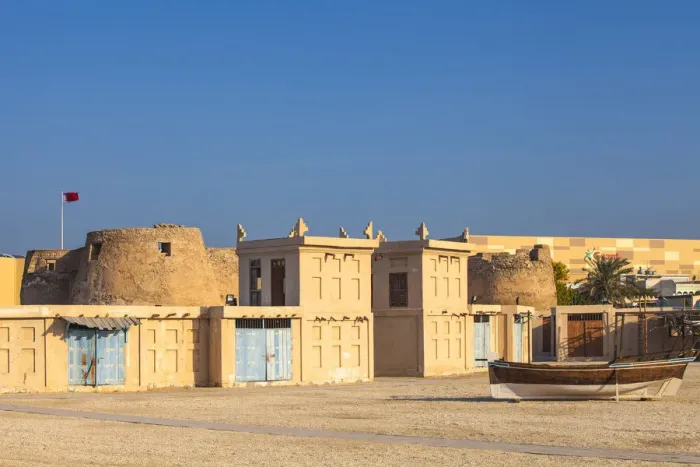 Framed Print : Bahrain, Manama, Arad Fort and traditional buildings with wind towers Framed Print : Bahrain, Manama, Arad Fort and traditional buildings with wind towers