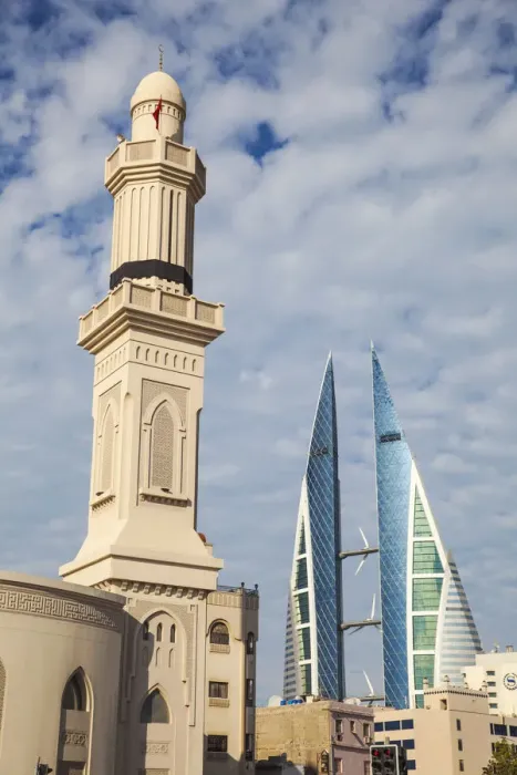 Framed Print : Bahrain, Manama, City Center, Ras Ruman Mosque and Bahrain World Trade Center Framed Print : Bahrain, Manama, City Center, Ras Ruman Mosque and Bahrain World Trade Center