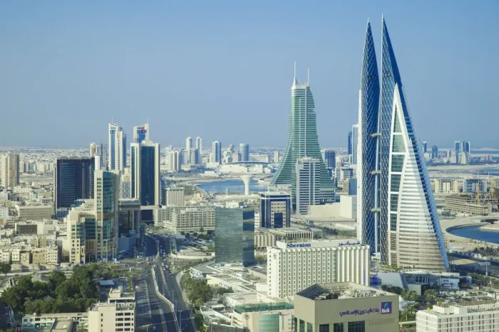 Framed Print : Bahrain, Manama, City center skyline looking towards Bahrain World Trade Center Framed Print : Bahrain, Manama, City center skyline looking towards Bahrain World Trade Center
