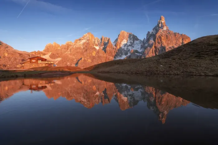 Framed Print : The Baita Segantini and the Pale di San Martino perfectly reflecting into a small lake at sunset. Dolomites, italy Framed Print : The Baita Segantini and the Pale di San Martino perfectly reflecting into a small lake at sunset. Dolomites, italy