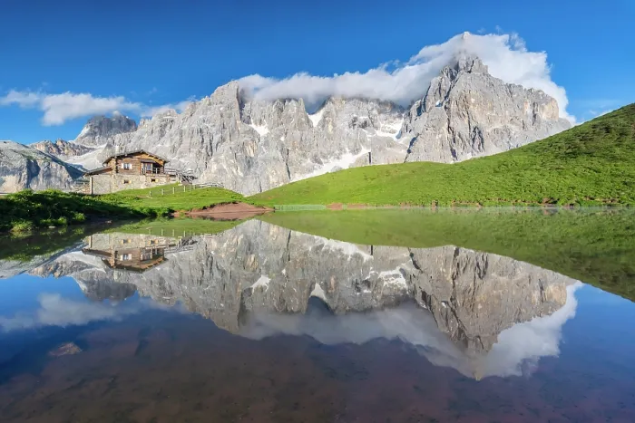 Framed Print : Baita Segantini refuge and Pale di San Martino in Dolomites. Trento province, Trentino Alto Adige, Italy Framed Print : Baita Segantini refuge and Pale di San Martino in Dolomites. Trento province, Trentino Alto Adige, Italy