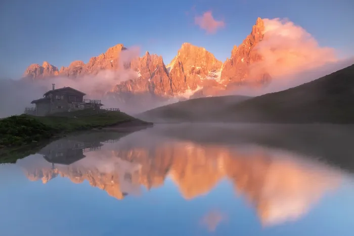 Framed Print : Baita Segantini refuge and Pale di San Martino at sunset in Dolomites. Trento province, Trentino Alto Adige, Italy Framed Print : Baita Segantini refuge and Pale di San Martino at sunset in Dolomites. Trento province, Trentino Alto Adige, Italy