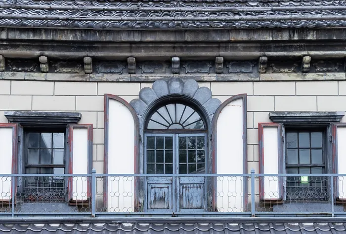 Framed Print : Balcony of traditional old stone building, Otaru, Hokkaido, Japan