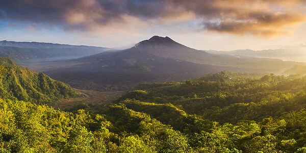 Bali, Indonesia, South East Asia. Panoramic high angle view over the Mount Batur