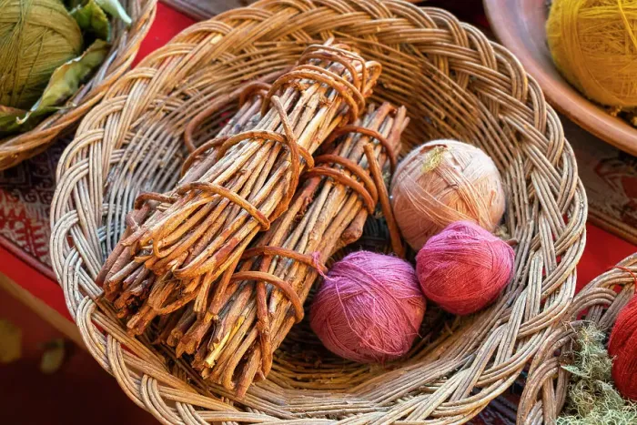 Framed Print : Balls of wool with twigs as natural dye, Chinchero, Sacred Valley, Urubamba Province, Cusco Region, Peru