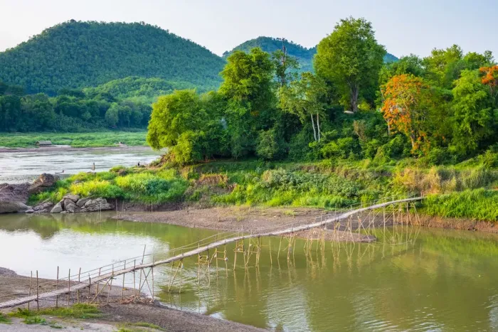 Framed Print : Bamboo footbridge over Nam Khan River at confluence with Mekong River, Luang Prabang Framed Print : Bamboo footbridge over Nam Khan River at confluence with Mekong River, Luang Prabang