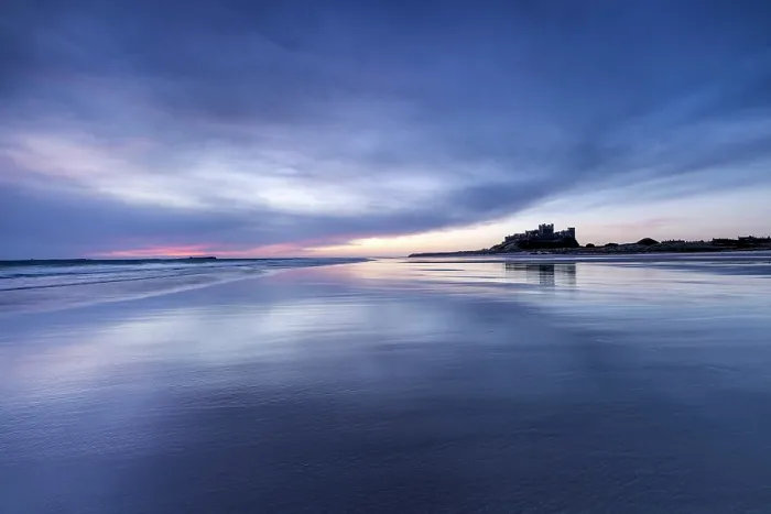 Framed Print : Bamburgh Castle and beach at dawn, Bamburgh, Northumberland, England Framed Print : Bamburgh Castle and beach at dawn, Bamburgh, Northumberland, England