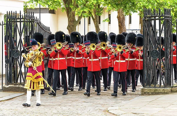 Band of the Welsh Guards leaving Wellington Barracks during Trooping the Colour, London, England
