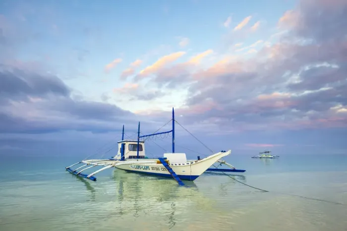Framed Print : Bangka outrigger boat at sunrise on White Beach, Boracay Island, Aklan Province, Western Framed Print : Bangka outrigger boat at sunrise on White Beach, Boracay Island, Aklan Province, Western