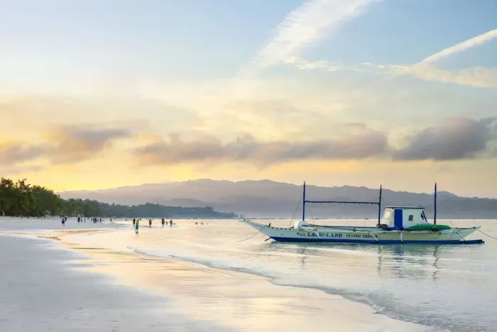 Framed Print : Bangka outrigger boat at sunrise on White Beach, Boracay Island, Aklan Province, Western Framed Print : Bangka outrigger boat at sunrise on White Beach, Boracay Island, Aklan Province, Western