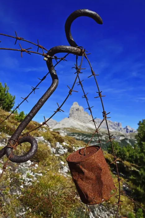 Framed Print : Barbed wire with old tin cans with bullet holes, 1st World War Freilichtmusem, Monte Framed Print : Barbed wire with old tin cans with bullet holes, 1st World War Freilichtmusem, Monte