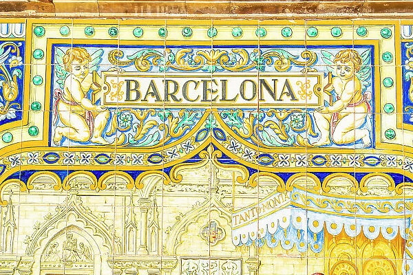 Barcelona tiled wall, Plaza Espana, Seville, Andalusia, Spain