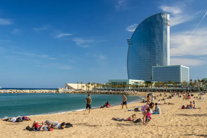 Framed Print : Barceloneta beach with W Barcelona Hotel in the background, Barcelona, Catalonia, Spain Framed Print : Barceloneta beach with W Barcelona Hotel in the background, Barcelona, Catalonia, Spain