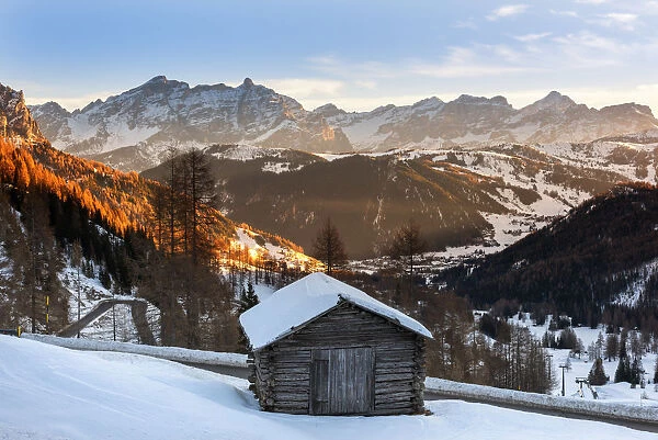 Barn to Gardena pass at sunrise Europe, Italy, Trentino Alto Adige, Bolzano district