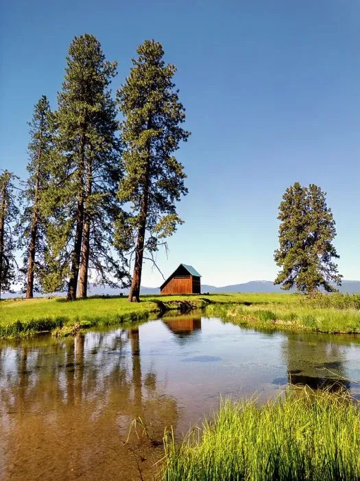 Framed Print : Barn Reflecting in Crooked Creek, near Klamath Agency, Oregon, USA Framed Print : Barn Reflecting in Crooked Creek, near Klamath Agency, Oregon, USA