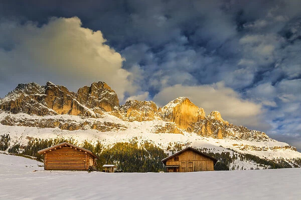 Barns Below Cantinaccio (Rosengarten) in Winter, Trentino, Dolomites, Italy