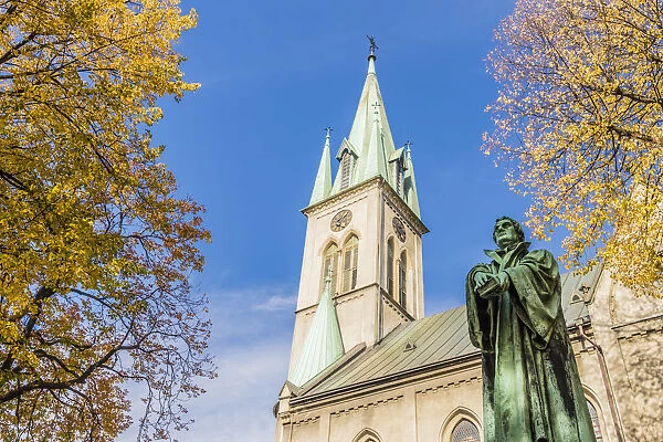 The baroque Lutheran Church and statue of Martin Luther in Bielsko Biala