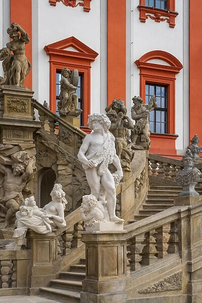 Baroque staircase with statues of Troja Chateau, Prague, Bohemia, Czech Republic