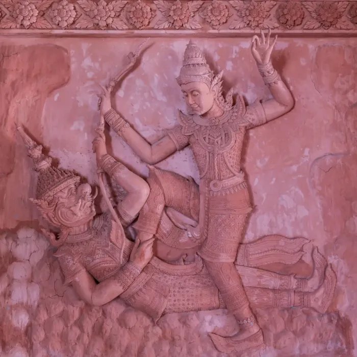 Framed Print : Bas-reliefs on the walls of Wat Ratchathammaram, Koh Samui, Thailand Framed Print : Bas-reliefs on the walls of Wat Ratchathammaram, Koh Samui, Thailand