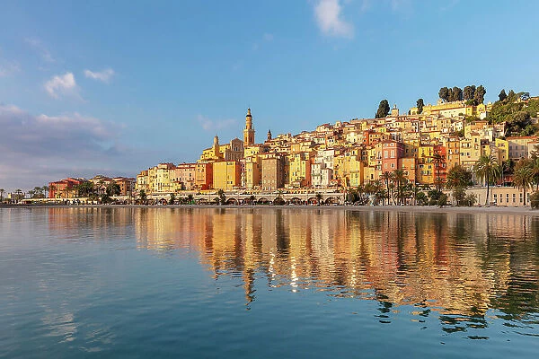 Basilica of Saint-Michel Archange & old town reflected in the sea, , Menton, Provence-Alpes-Cote d'Azur, France