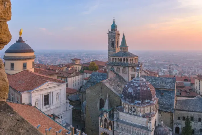 Framed Print : Basilica of Santa Maria Maggiore with Cappella Colleoni(Colleoni Chapel) from above during sunset